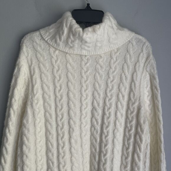 Talbots Cable Knit Sweater Size MP Cream Chunky Fisherman Turtleneck - Picture 9 of 14
